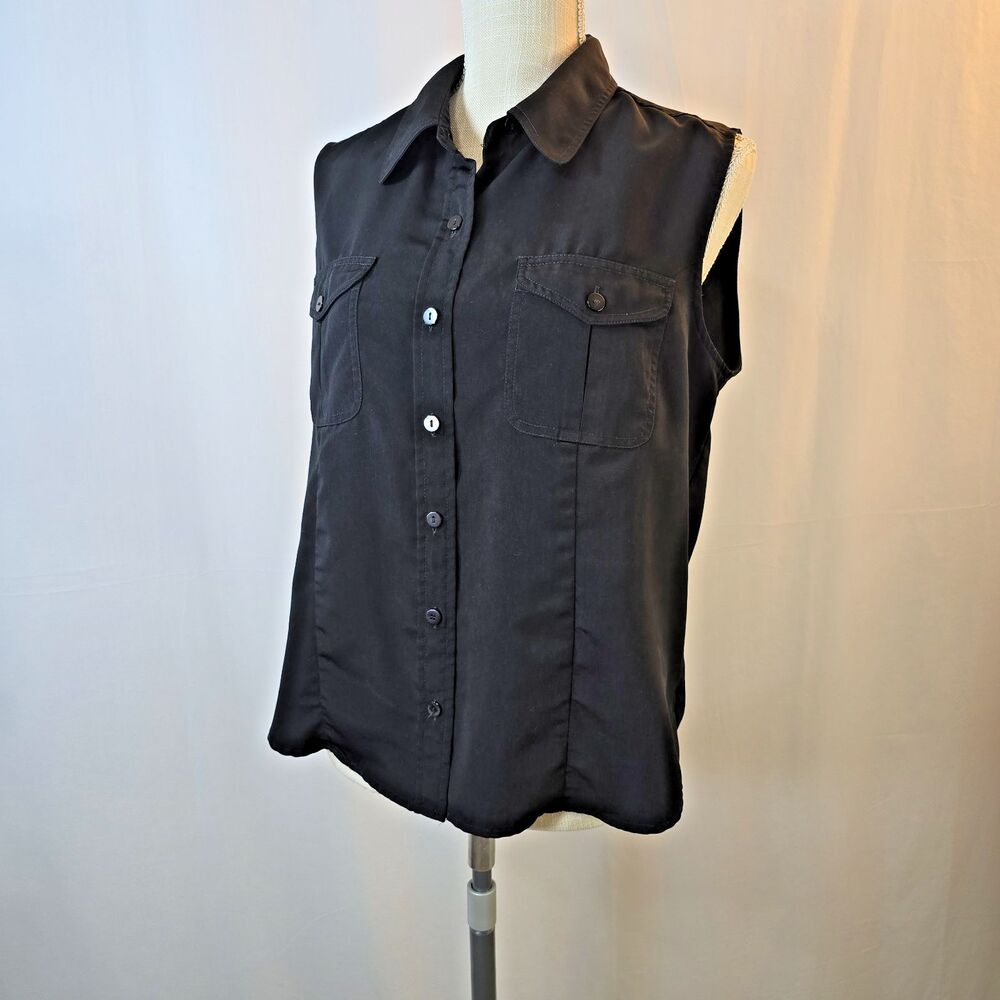 Vintage 90s Bentley Womens Black Sleeveless Blouse Sz Large Collared Button-Up